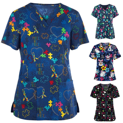 Women Working Uniform Animal Print Cartoon Cat Dog Short Sleeve V-neck Tops - Empire P.E