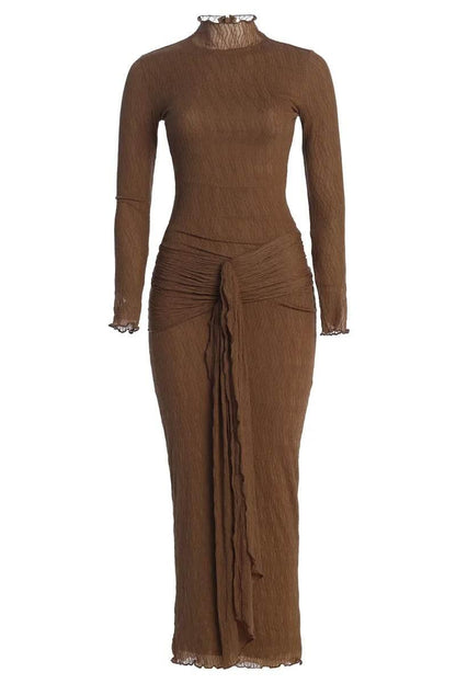 Mozision Elegant Long Sleeve Sexy Maxi Dress For Women Gown Fashion Drape Turtleneck Ruched Bodycon Club Party Long Dress - Empire P.E