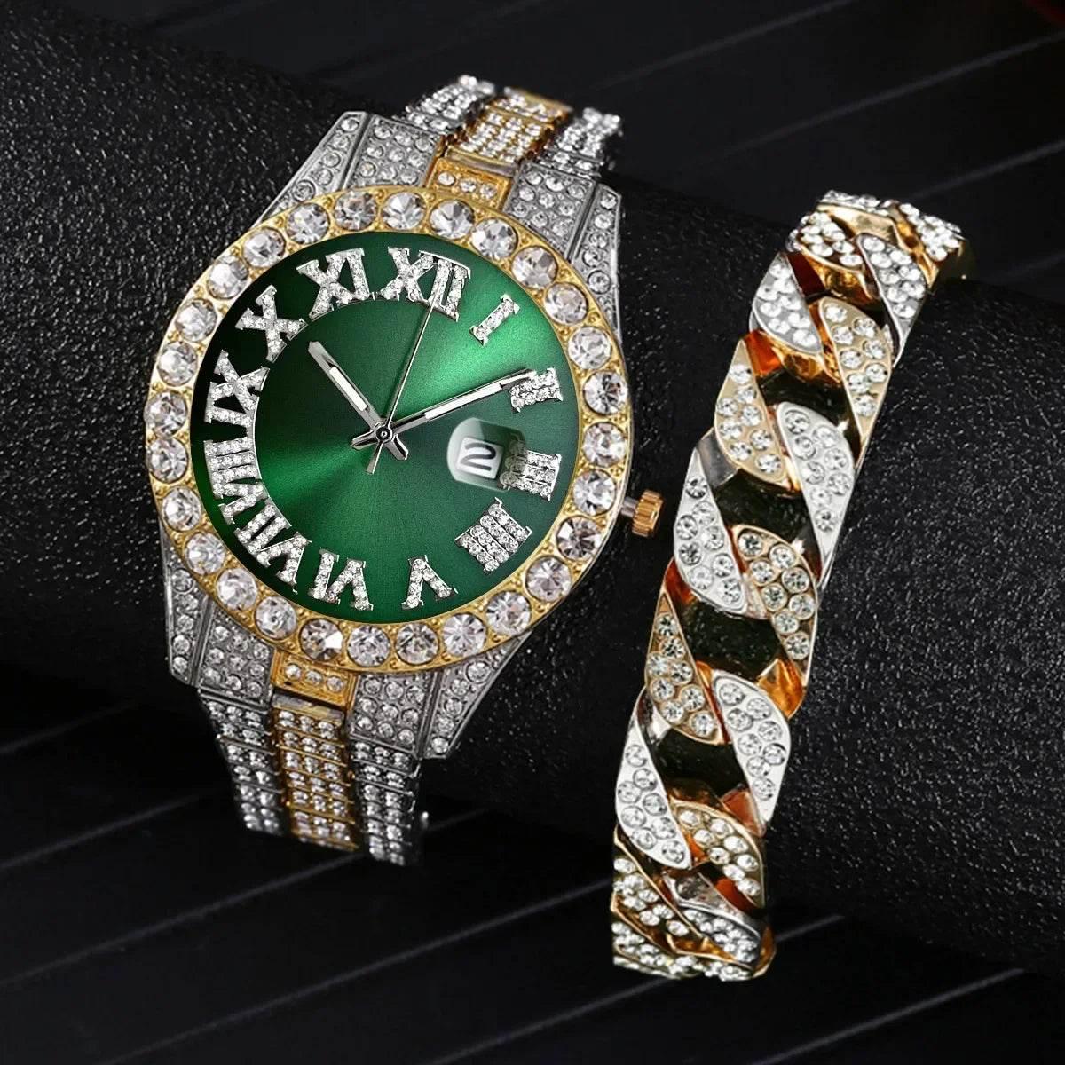 Watch Bracelet Set Hip Hop Stainless Steel Gold Color Calendar Watch for Men Iced Out Paved Rhinestones Men Watch Reloj Hombre - Empire P.E