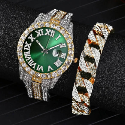 Watch Bracelet Set Hip Hop Stainless Steel Gold Color Calendar Watch for Men Iced Out Paved Rhinestones Men Watch Reloj Hombre - Empire P.E