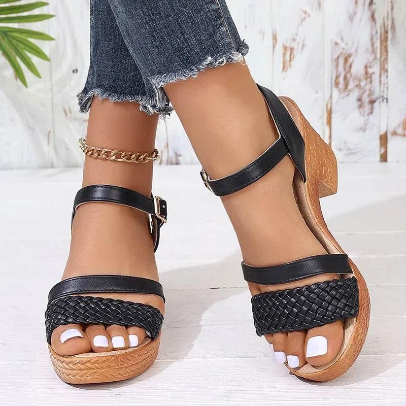 Lucyever Braided High Heels Sandals Women 2025 Summer Pu Leather Platform Gladiator Shoes Woman Ankle Buckle Thick Heel Sandles - Empire P.E