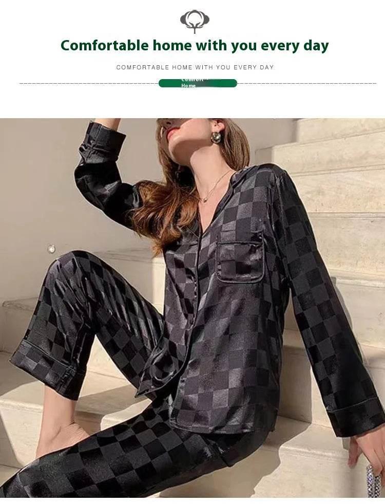 Plus Size Women Pajamas Set Long Sleeves Girl Home Wear Two-Piece Cardigan Solid Plaid Sleepwear Sexy Nightwear Autumn Winter - Empire P.E