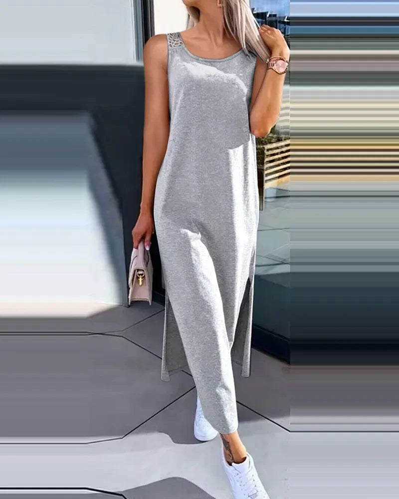 Hollow Out Solid Long Dress Women Fashion Sleeveless - Empire P.E