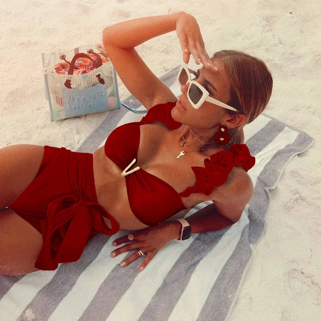 Two-Pieces Women Floral 2025 Push-Up Padded Bra Ruffles Bandage Bikini Set