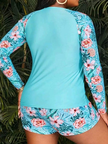 2025 Tropical Long Sleeve Swimsuit Women Plus Large Size Swimwear XL-4XL - Empire P.E