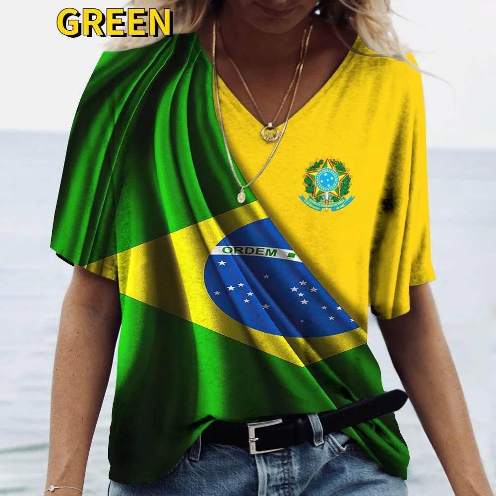 Brasil Shirt Women's T-shirt Brazilian Flag Tops V Neck Casual Short Sleeve Streetwear Tees Harajuku Clothes - Empire P.E