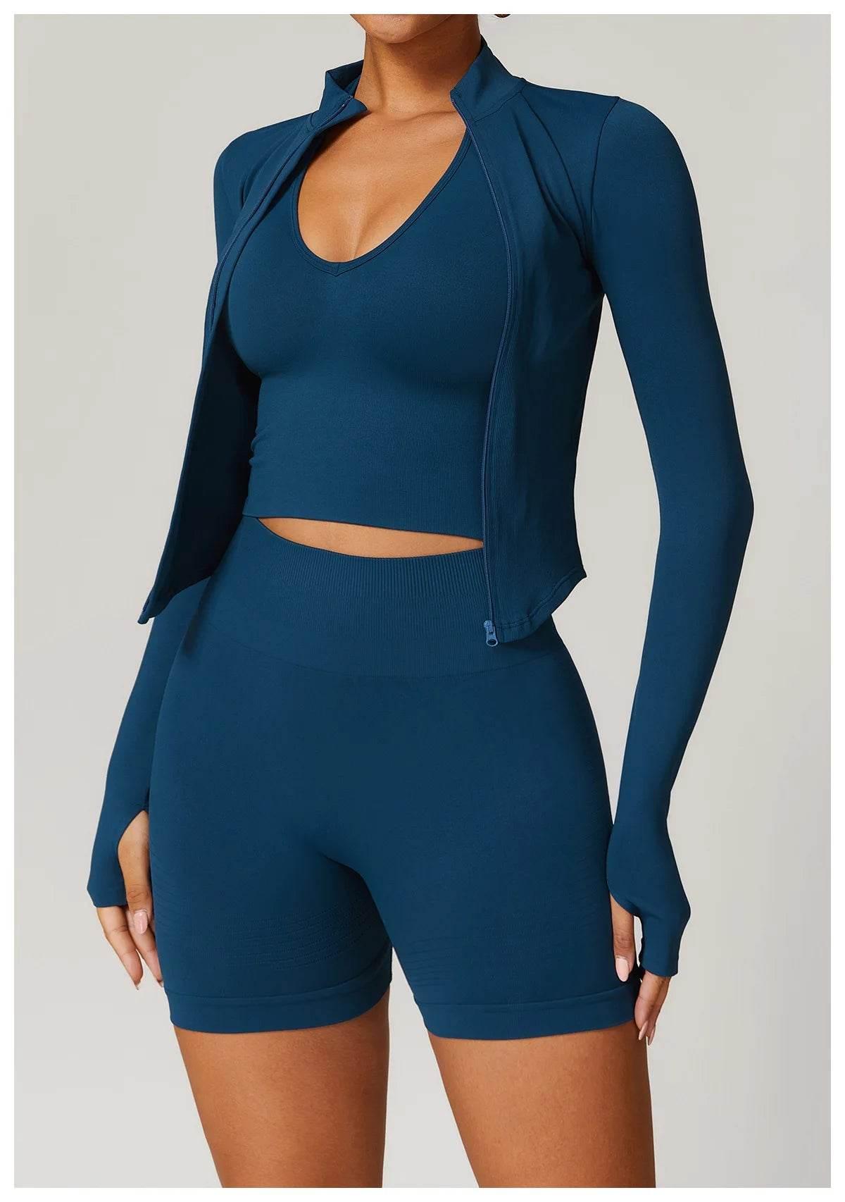 Women Seamless Zipper Jacket Yoga Long Sleeved Gym Top Ribbed Yoga Stand Collar Jacket Running Workout Sport Coat Women's Shirts - Empire P.E