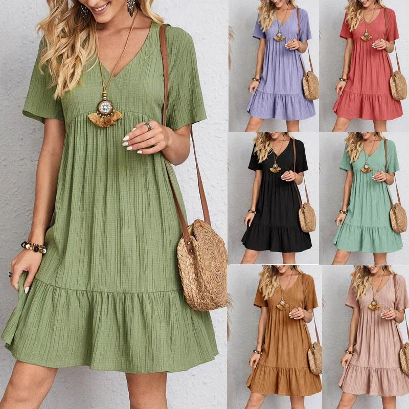 2025 Loose V-neck Short Sleeved Women Dress Solid Color - Empire P.E
