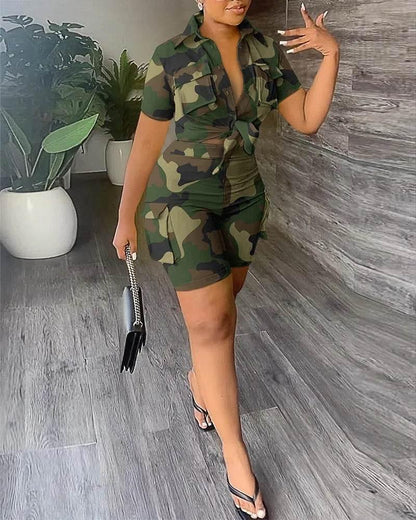 Pant Sets Women Printed Short Sleeved Shirt, 2-piece Suit With Pockets, Shoelace Top, Shorts, Thin Handbag, Summer - Empire P.E