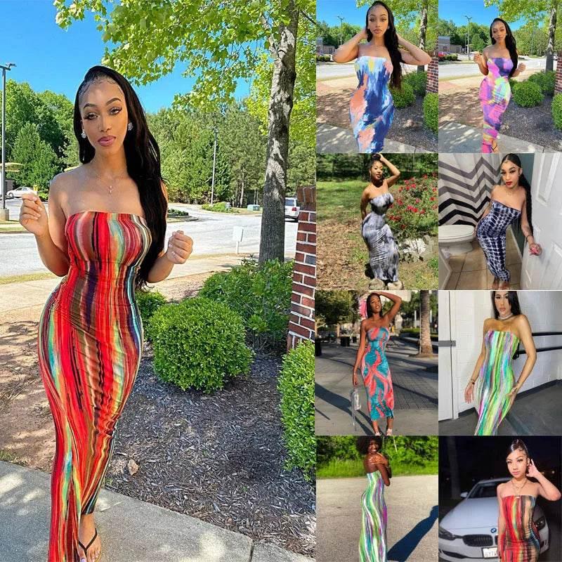 Spring And Summer Dresses For Women Chest Wrap Printed Off Shoulder Bandage Slim Sexy Long Dress 2023 New Fashion party MsChuh - Empire P.E