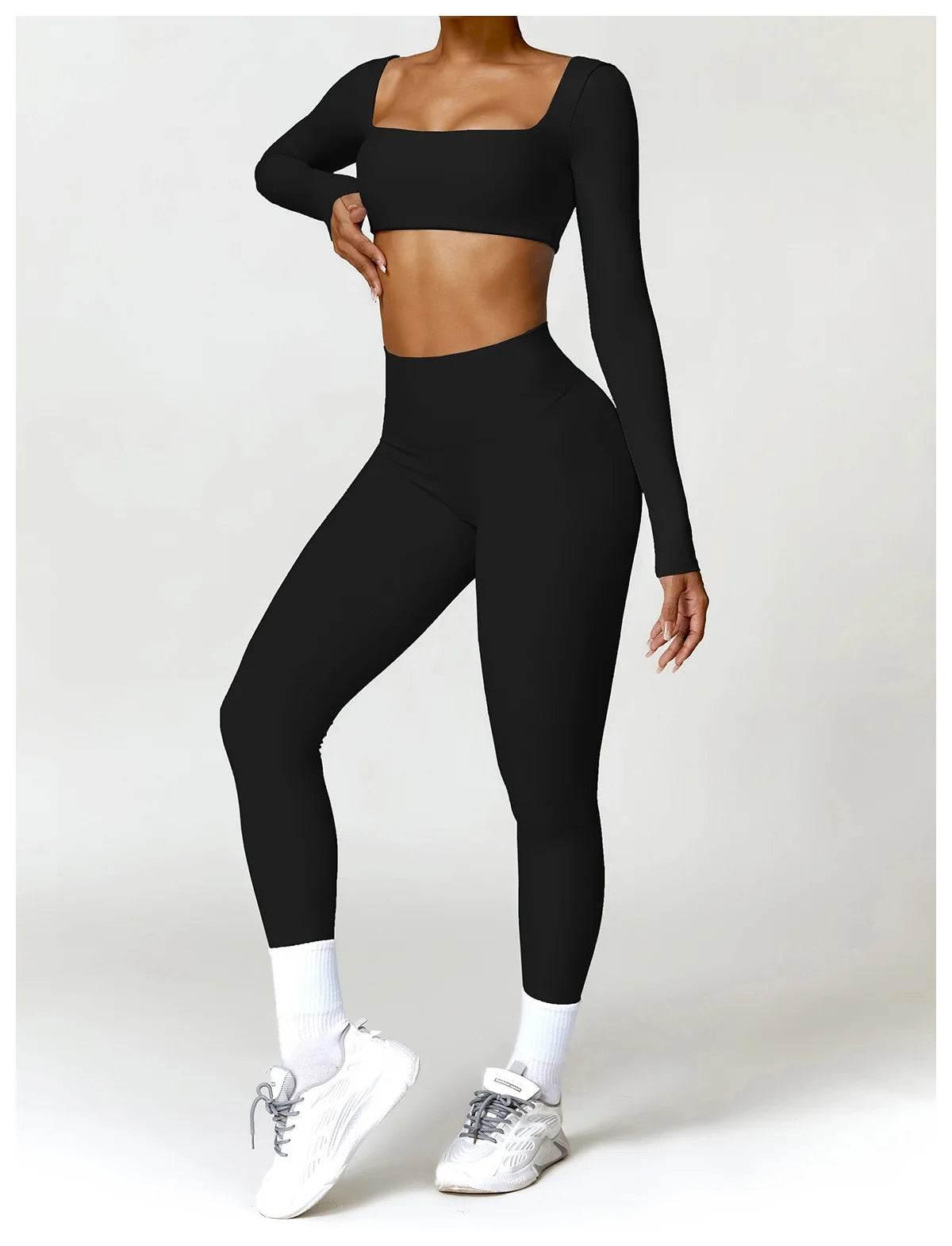 Hearuisavy 2PCS Long Sleeve Gym Set Women Yoga Clothes Quick-Drying Sportswear Running Leggings Workout Sports Crop Top Women - Empire P.E