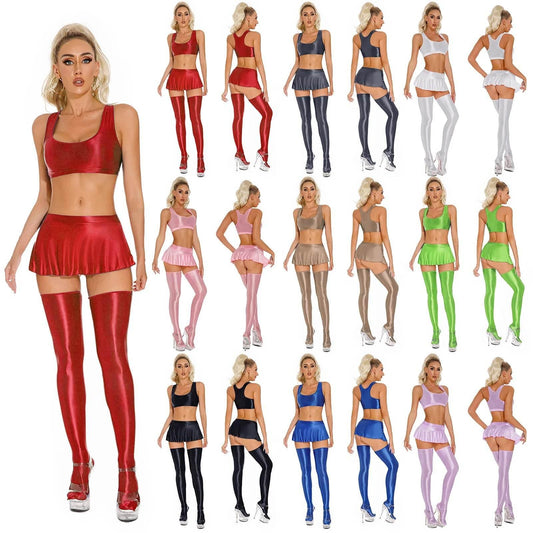 Glossy Lingerie Set Oil Shiny Tank Crop Tops With Miniskirt Stockings Outfits - Empire P.E