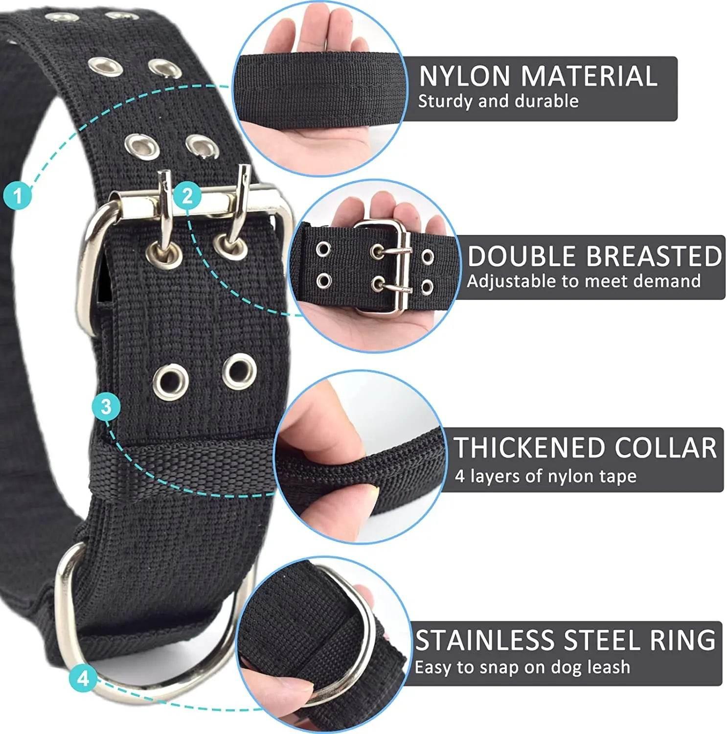Heavy Duty Wide Military Thick Dog Collars for Large Dogs Adjustable Strong Nylon Tactical Pet Collar with 2-Rows Metal Buckle - Empire P.E