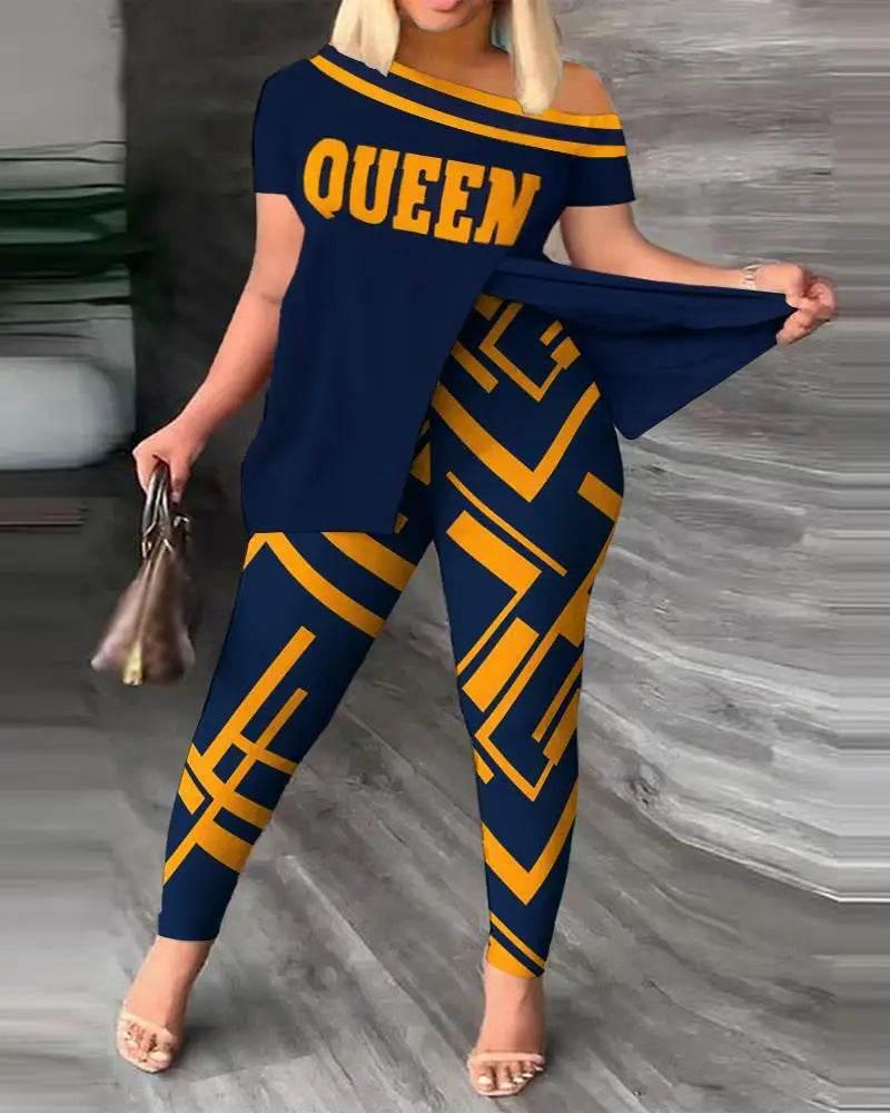 Elegant Women Two Piece Set Suits New Fashion Printed Ruffle Sleeve Top Solid Color Pants Set With Belt Blouses Female Clothing - Empire P.E