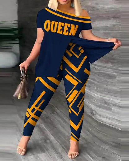 Elegant Women Two Piece Set Suits New Fashion Printed Ruffle Sleeve Top Solid Color Pants Set With Belt Blouses Female Clothing - Empire P.E