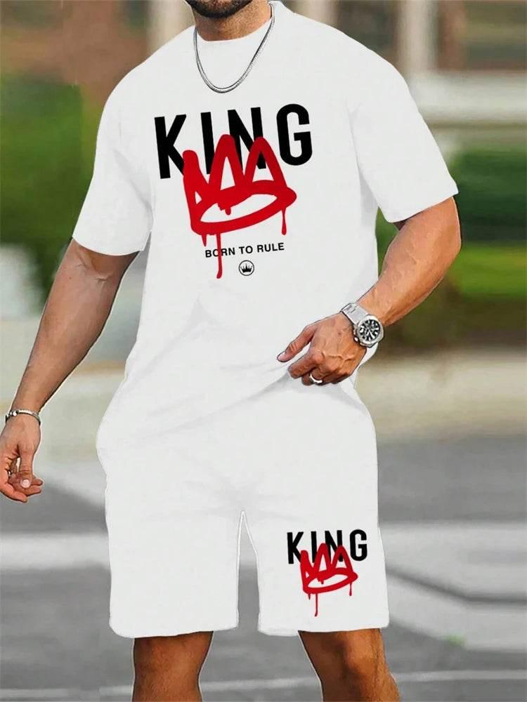 New Men's Short Sleeve Shorts Set Fashion King Printed T-Shirt - Empire P.E