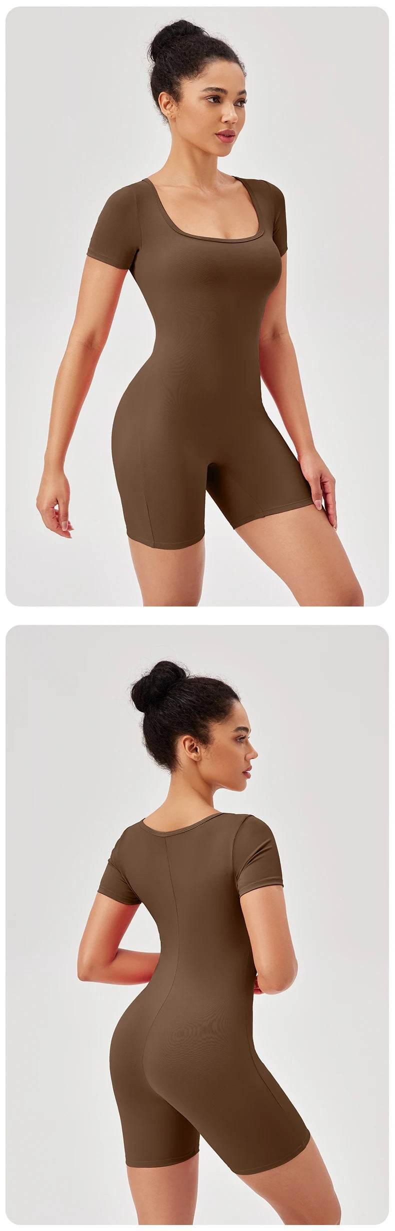 Fashion Women Yoga Suit Short Sleeve Gym Sports Jumpsuit Solid Color Workout Yoga Bodysuit Square Neck Yoga Set Sportswear - Empire P.E