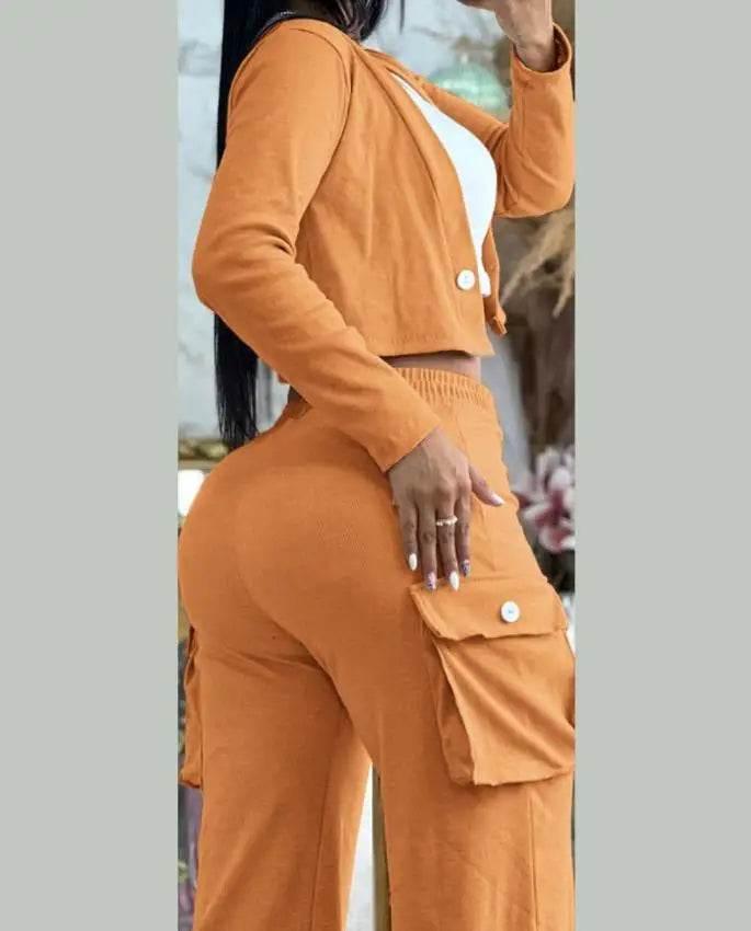 Spring Autumn Solid Slim Suit Women Long Sleeve Single Button V-neck Short Coat Drawstring Mid Waist Pocket Wide-Leg Pants Suit - Empire P.E