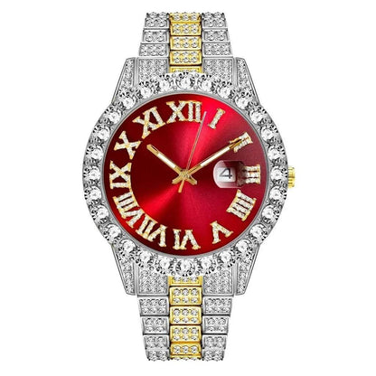 Watch Bracelet Set Hip Hop Stainless Steel Gold Color Calendar Watch for Men Iced Out Paved Rhinestones Men Watch Reloj Hombre - Empire P.E