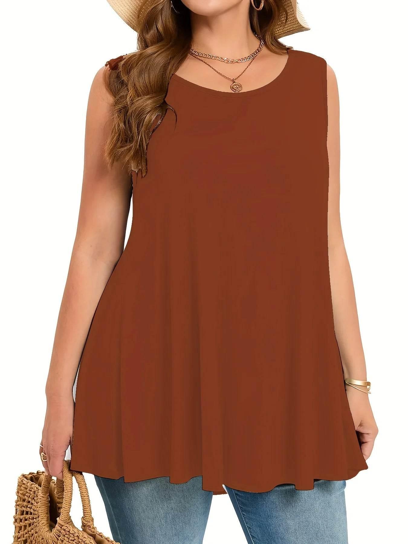 Plus Size Simple Solid Tank Top Casual Crew Neck Sleeveless Tank Top - Empire P.E