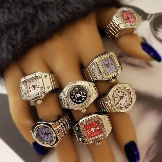Vintage Punk Finger Watch Mini Elastic Strap Alloy Watches Couple Rings Jewelry Clock Retro Roman Quartz Watch Rings Women Men - Empire P.E