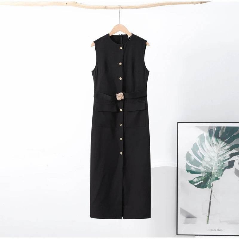 Black Long Dress Women With Belt Elegant Slim Single Breasted Sleeveless Front Split Dresses Female 2025 New Summer Lady Vestido - Empire P.E