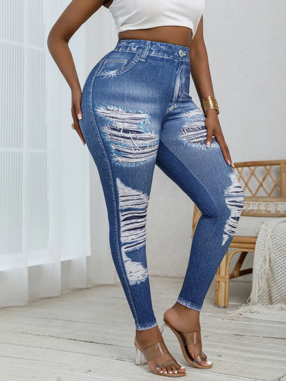 Plus Size Women's Tight Leggings Imitation Denim Print Ripped Pattern - Empire P.E