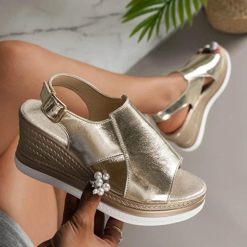2024 Summer Peep Toe Platform Sandles Woman Plus Size Thick Sole Sandalias Mujer Gold Silver PU Leather Wedge Sandals for Women - Empire P.E