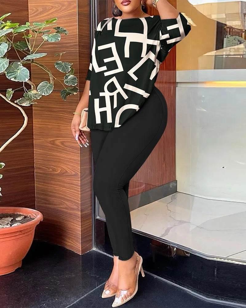 Autumn Women's New Fashion Printed Suit Round Neck Sexy Backless Quarter-sleeved Trousers Casual And Comfortable Two-piece Set - Empire P.E