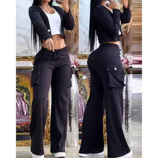 Spring Autumn Solid Slim Suit Women Long Sleeve Single Button V-neck Short Coat Drawstring Mid Waist Pocket Wide-Leg Pants Suit - Empire P.E