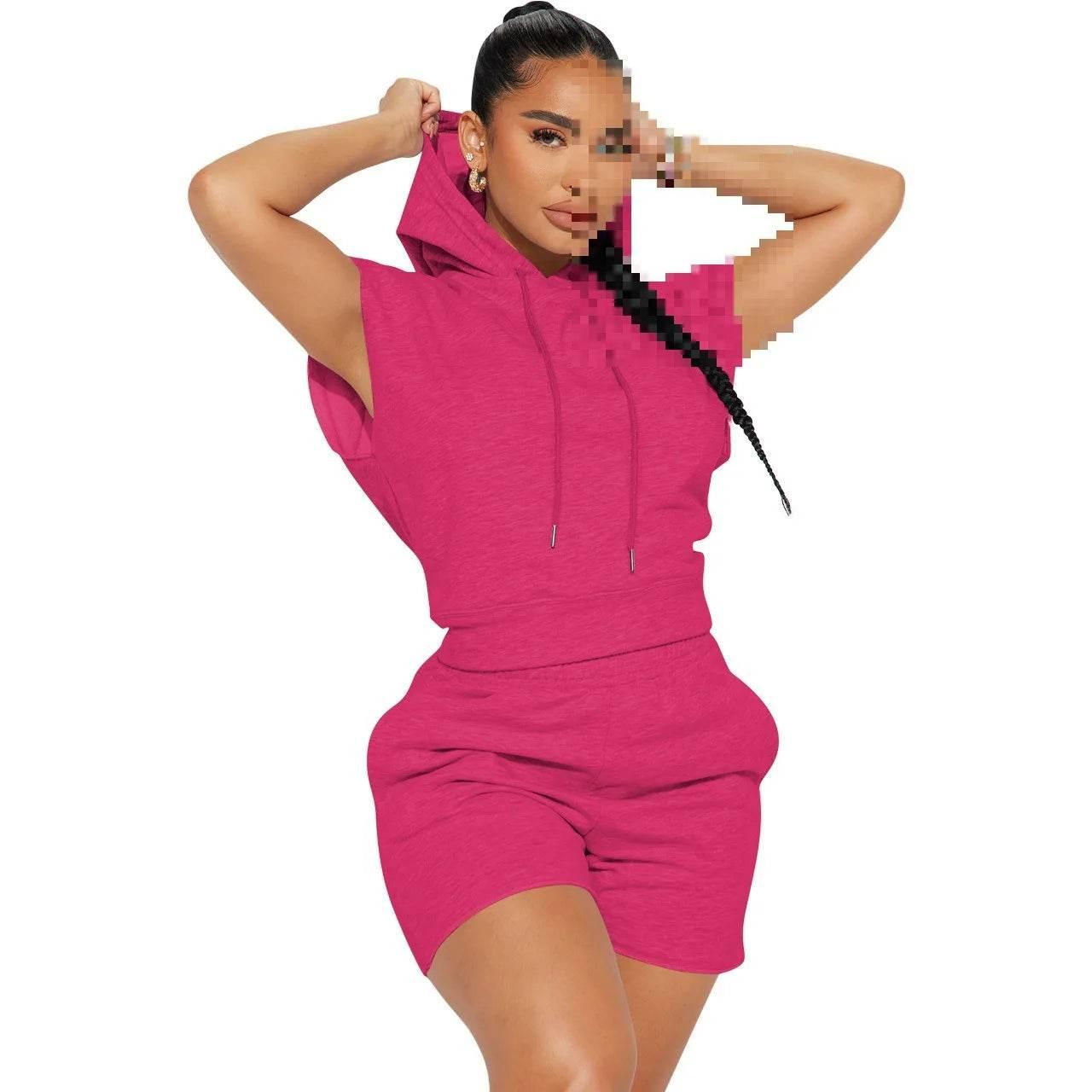 Summer 2024 Women's New Sexy Sleeveless Fashion Casual Sports Short Sleeved Hooded 3/4 Shorts Two Piece Set For Women - Empire P.E