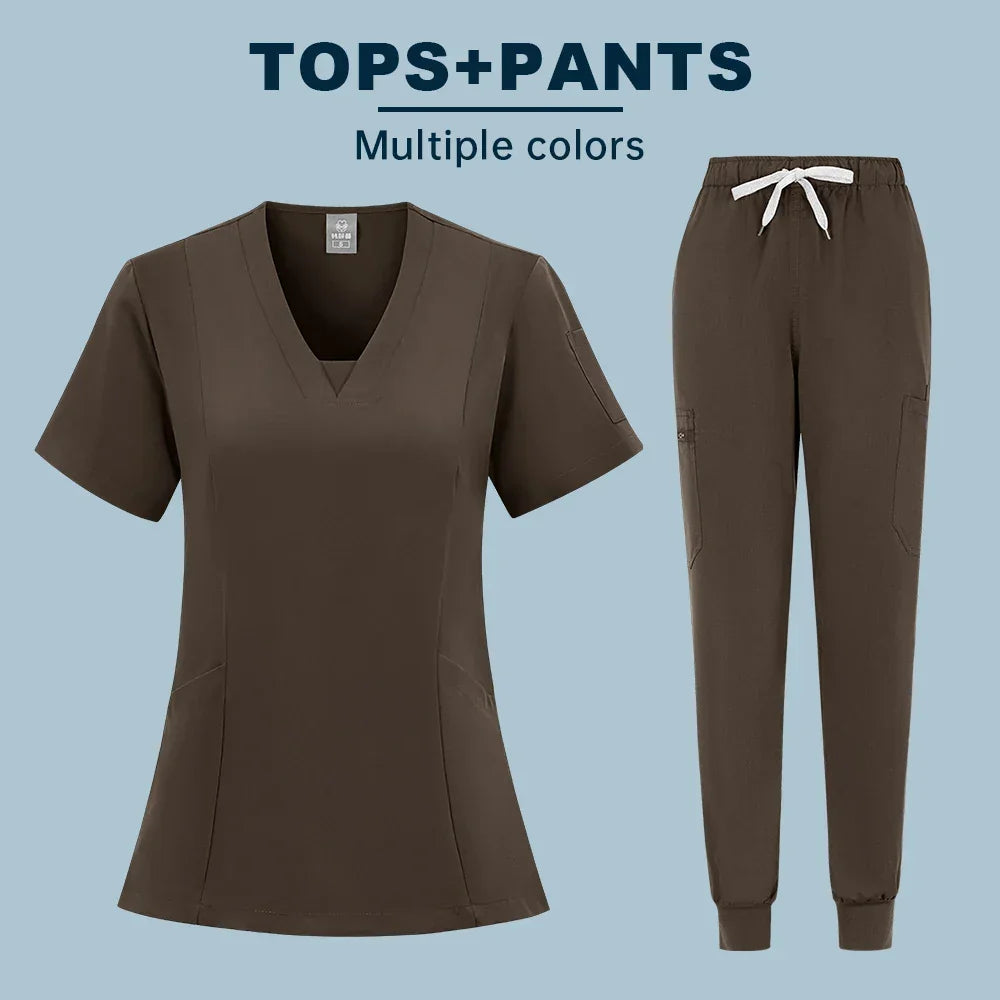 Two-piece Scrubs set Short Sleeve V Neck Pockets Drawstring Jogger Pants - Empire P.E