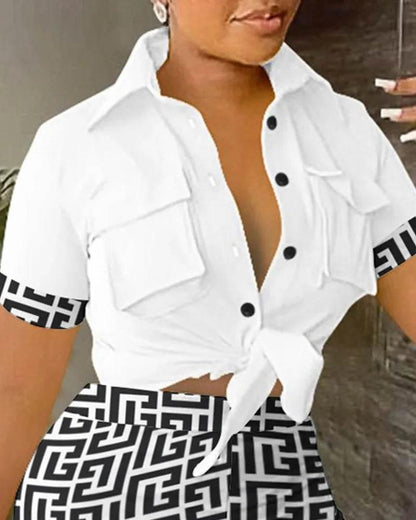 Pant Sets Women Printed Short Sleeved Shirt, 2-piece Suit With Pockets, Shoelace Top, Shorts, Thin Handbag, Summer - Empire P.E