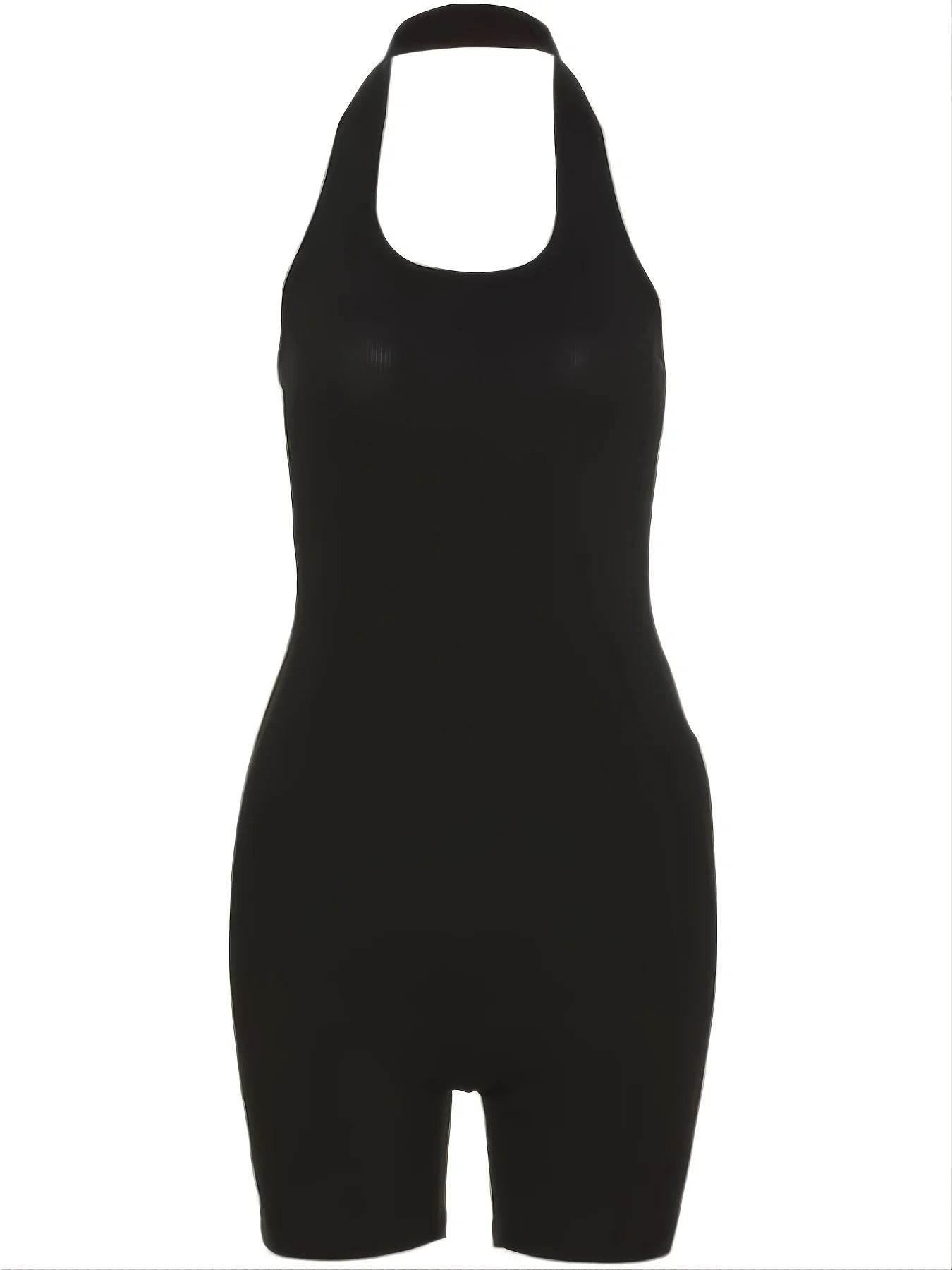 Plus Size Fashion Black Halter Jumpsuit, Women's Solid Color Sexy Body-Con Black Clothes - Empire P.E