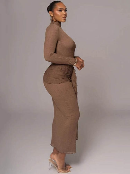Mozision Elegant Long Sleeve Sexy Maxi Dress For Women Gown Fashion Drape Turtleneck Ruched Bodycon Club Party Long Dress - Empire P.E