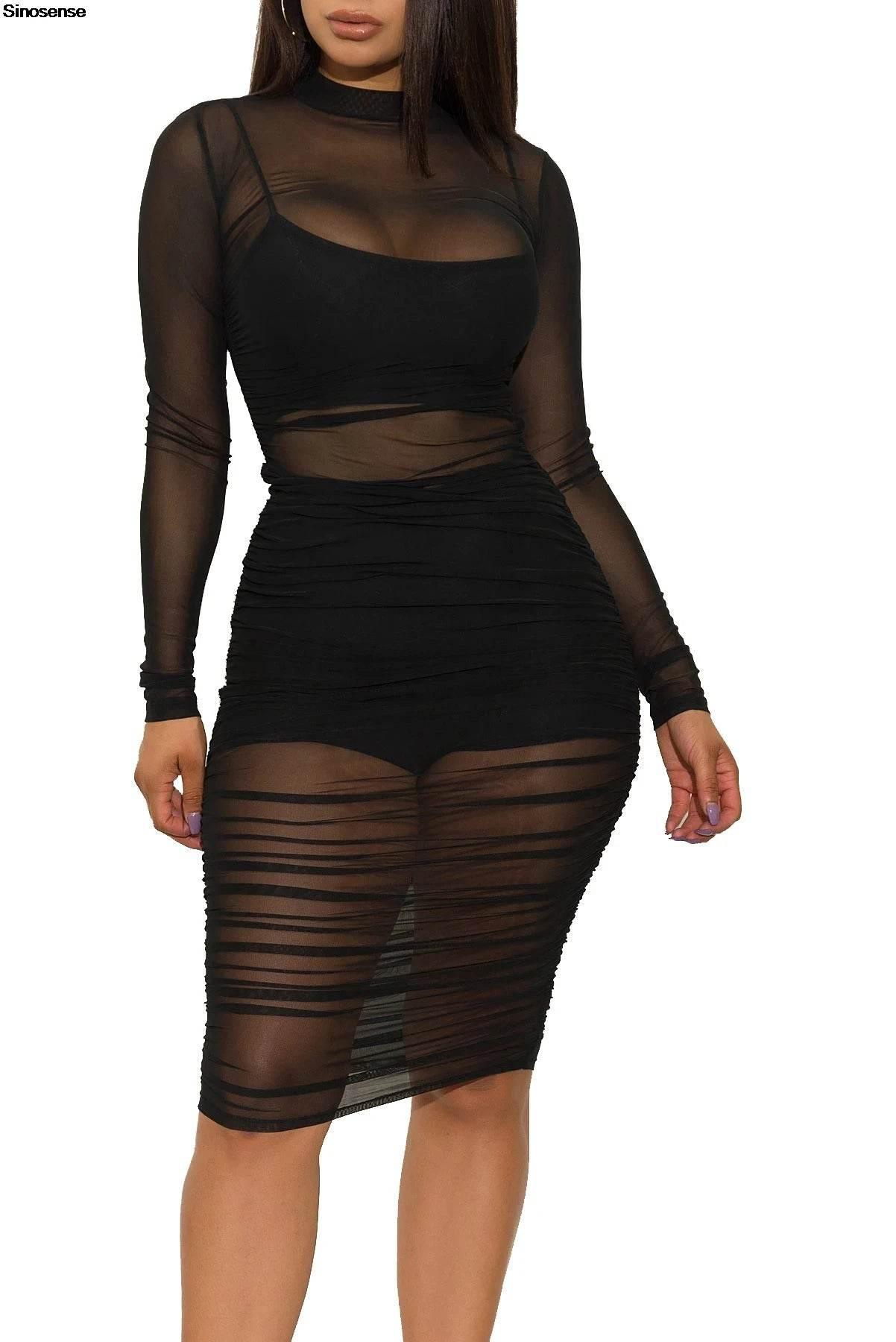 Women Mesh See Through 3 Piece Set Bodycon Ruched Cover Up Midi Dress+Camis+Shorts 3 Pieces Suits Sexy Night Club Party Outfits - Empire P.E