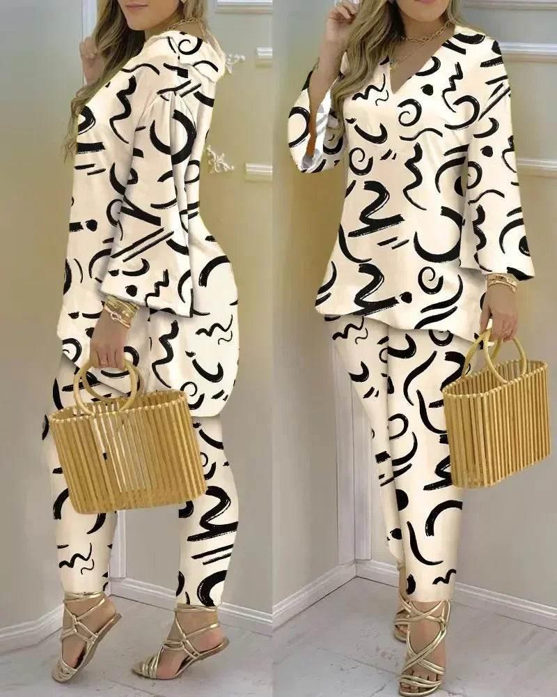 Women Print V Neck Tops Pant Sets Full Sleeve Pullover Two Piece Suit Elastic Waist Trousers Splice Shirts Autumn Regular Fit - Empire P.E