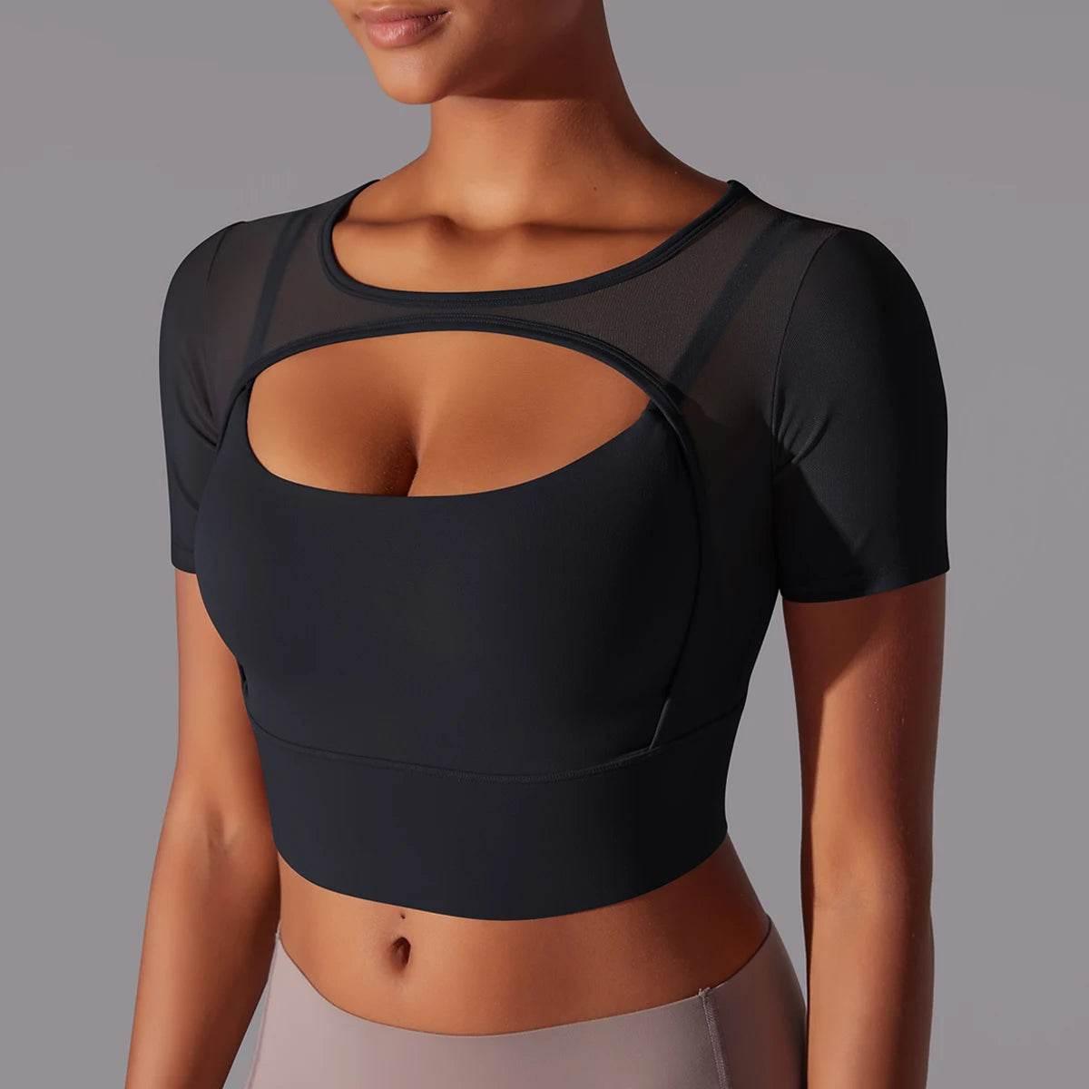 Solid Color Yoga Short Sleeve Sexy Double Layer Yoga Tank Top Spliced Mesh Yoga Clothing Top Fitness Running Sports Bra Women - Empire P.E