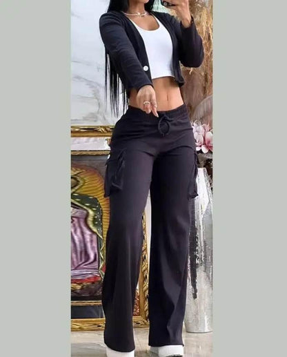 Spring Autumn Solid Slim Suit Women Long Sleeve Single Button V-neck Short Coat Drawstring Mid Waist Pocket Wide-Leg Pants Suit - Empire P.E