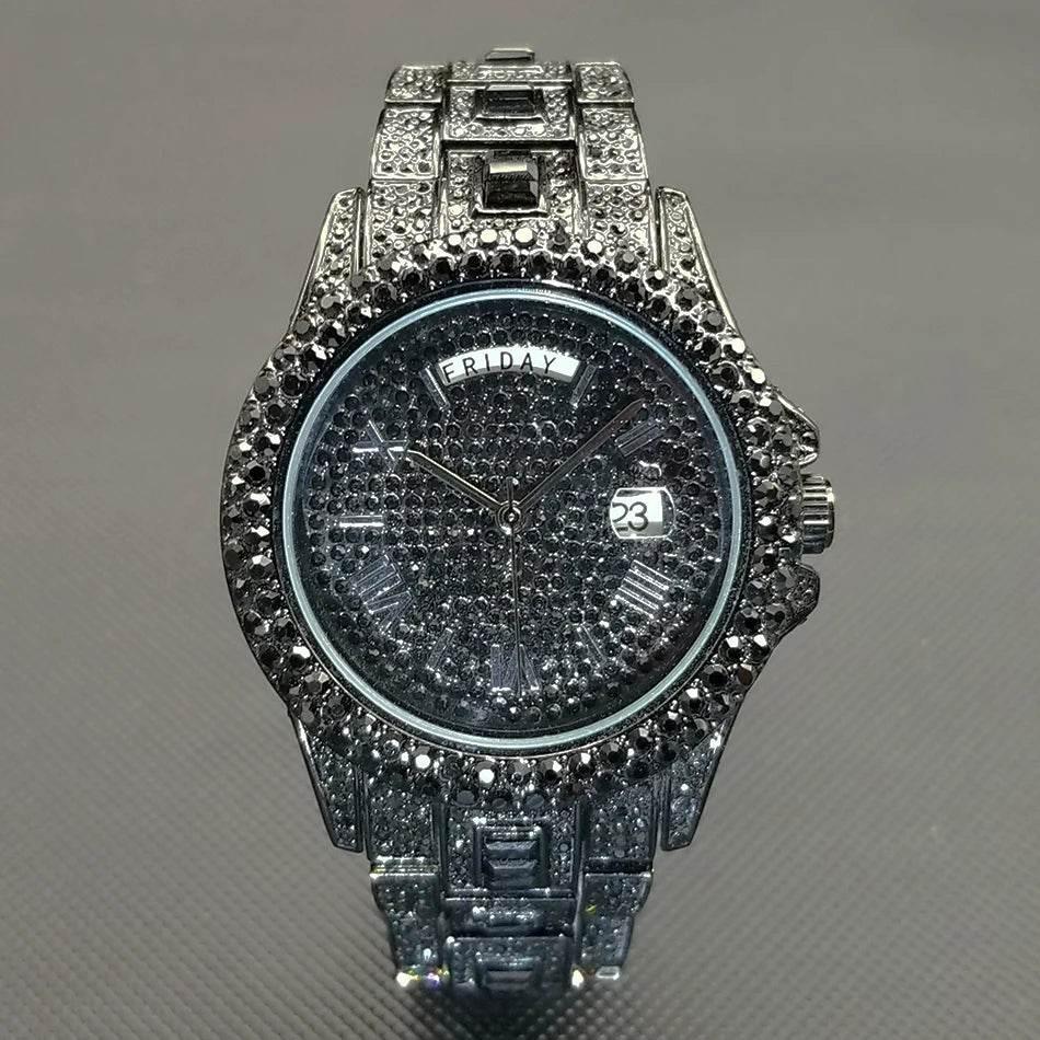Luxury Shiny Diamond Watch For Men Hip Hop Trendy Iced Out Quartz Watches High Quality Stainless Steel Waterproof Day Date Clock - Empire P.E