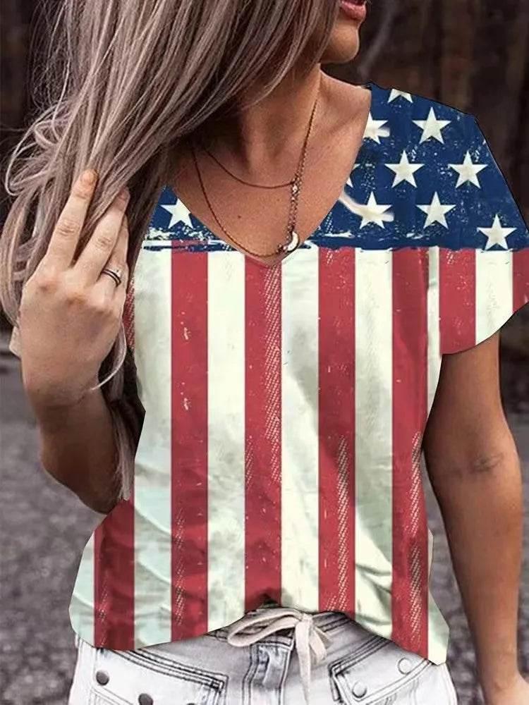 Fashion Women's T Shirt USA Flag Print Harajuku T-shirt Summer 2023 Top Kawaii Tees V Neck Pluse Size American Lady Y2k Clothing - Empire P.E
