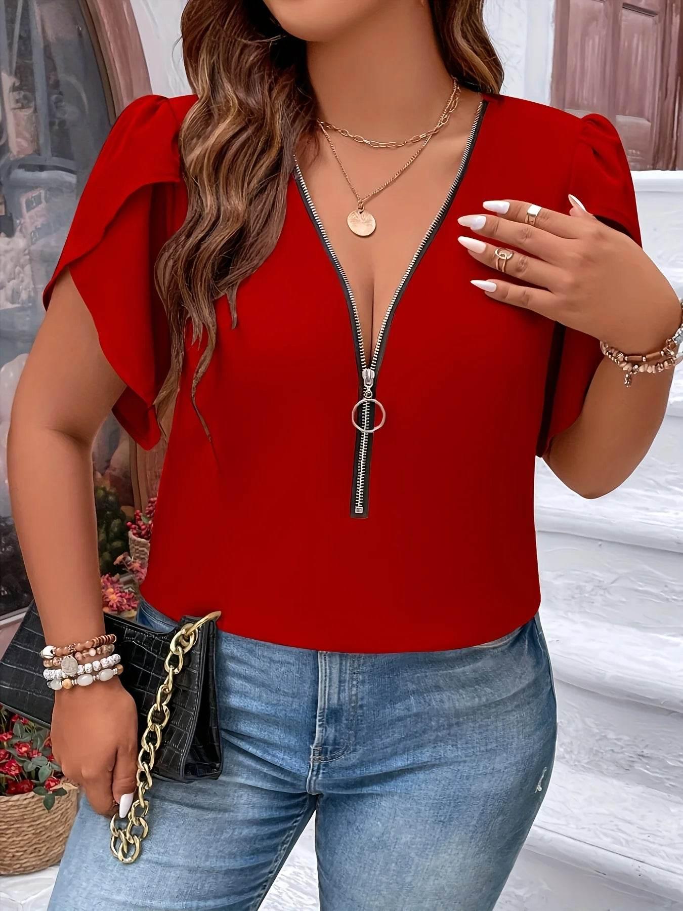 Plus Size Summer Women Elegant Zipper Chiffon Blouses Shirt Casual Office Lady Sollid Tops V Neck Female Clothing - Empire P.E