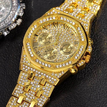 14MM Necklace+Watch+Bracelet Iced Out Watches For Men 2 Row Rhinestone Cuban Chain Necklace Set Women Men Hiphop Jewelry Gift - Empire P.E