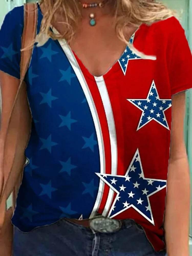 Fashion Women's T Shirt USA Flag Print Harajuku T-shirt Summer 2023 Top Kawaii Tees V Neck Pluse Size American Lady Y2k Clothing - Empire P.E