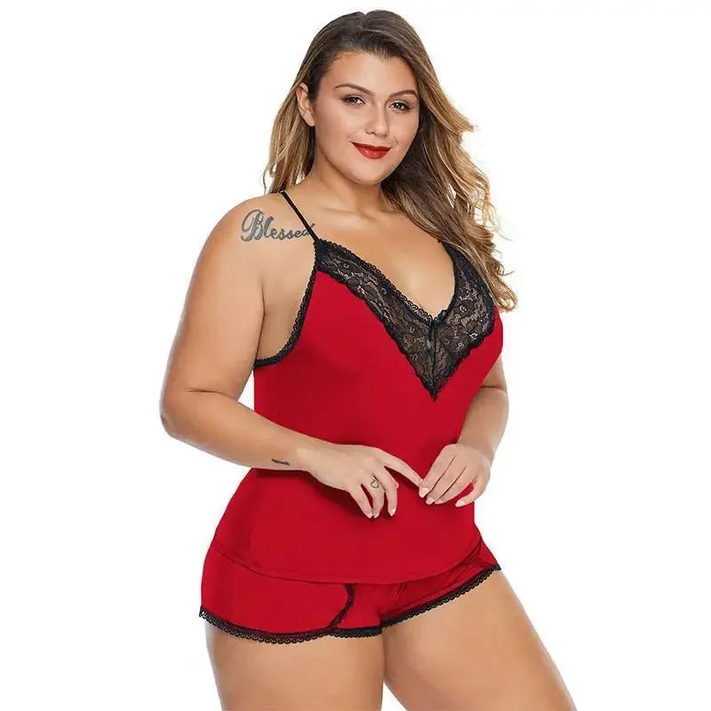 Plus Size Lace Camisole Tops+Short Pants - Empire P.E
