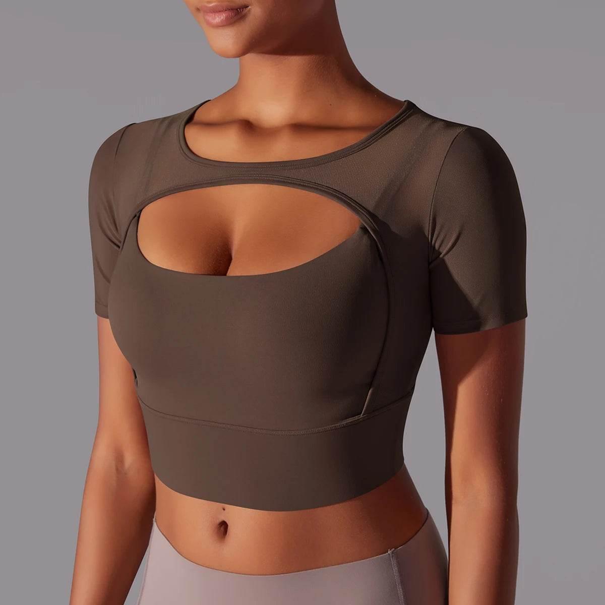 Solid Color Yoga Short Sleeve Sexy Double Layer Yoga Tank Top Spliced Mesh Yoga Clothing Top Fitness Running Sports Bra Women - Empire P.E