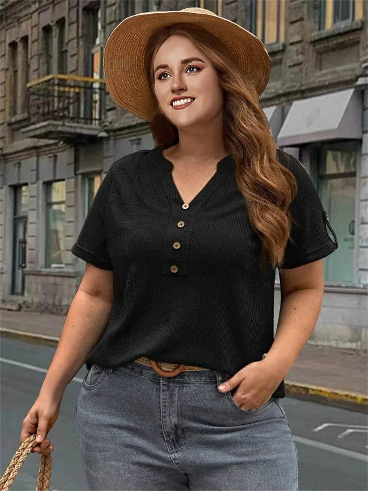 plus sizebutton decorative t-shirt, casual V-neck short-sleeved t-shirt, women's large clothing - Empire P.E