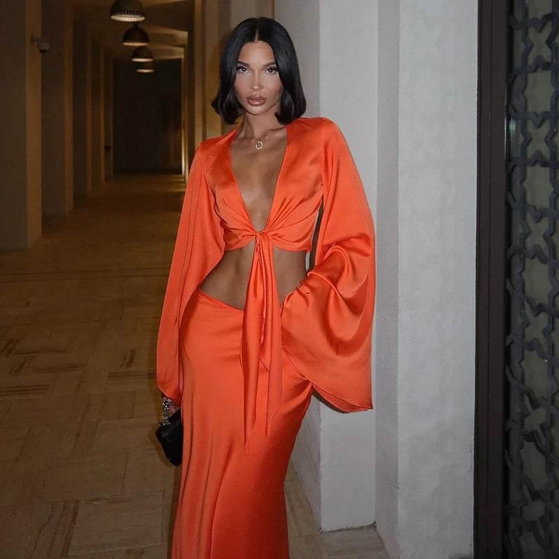 Huhugirl Sets Women Fashion Sexy Streetwear Solid Flare Sleeve Deep V-Neck Tracksuits (Tops+Long Skirts)Matching 2 Pieces Female - Empire P.E
