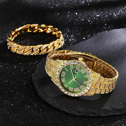 Watch Bracelet Set Hip Hop Stainless Steel Gold Color Calendar Watch for Men Iced Out Paved Rhinestones Men Watch Reloj Hombre - Empire P.E