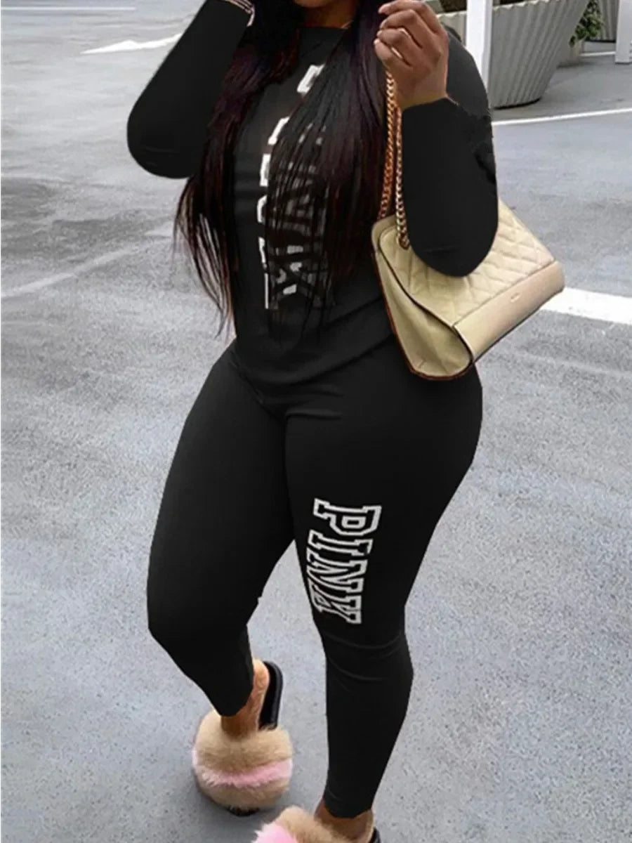 LW Fashion Women Autumn&Winter Pink Letter Print Hoodies 2 Pieces Set - Empire P.E